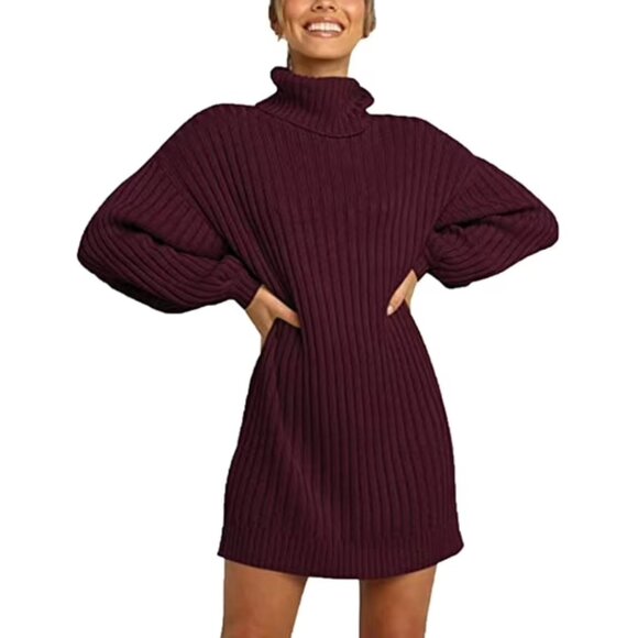Burgundy Viscose Elastic Ribbed Knit Lantern Sleeves Turtleneck Sweater womn XL - Picture 1 of 17
